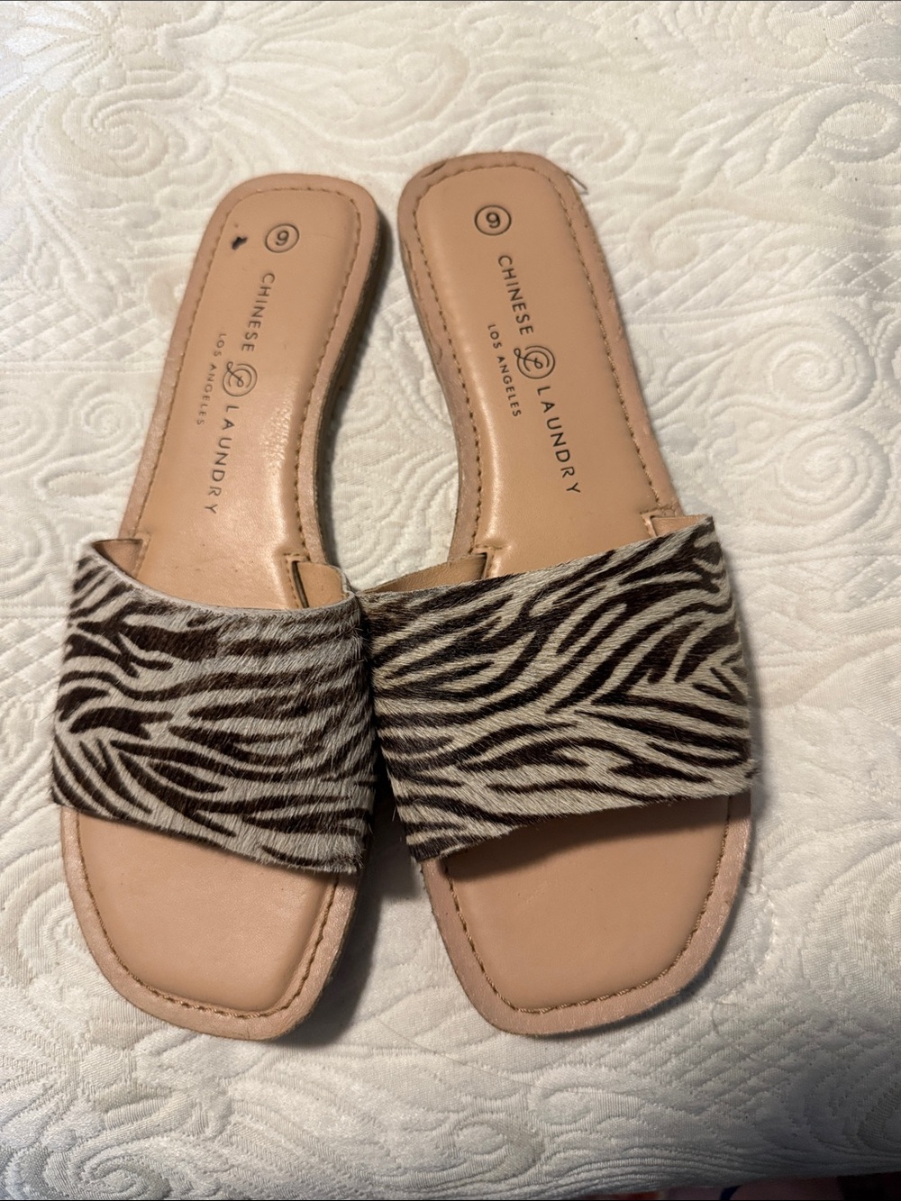 Chinese Laundry Zebra-Print Haircalf Slide Sandals in Black and Cream